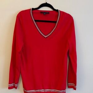 Tommy Hilfiger Red V-Neck Sweater with White Trim Women Large Valentine Red